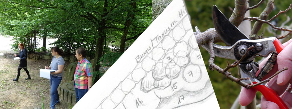 Collage: Frauen mit Skizzenblock bei der Begutachtung eines Geländes, Hand mit Schere beim Strauchschnitt, Ausschnitt einer Planungsskizze
